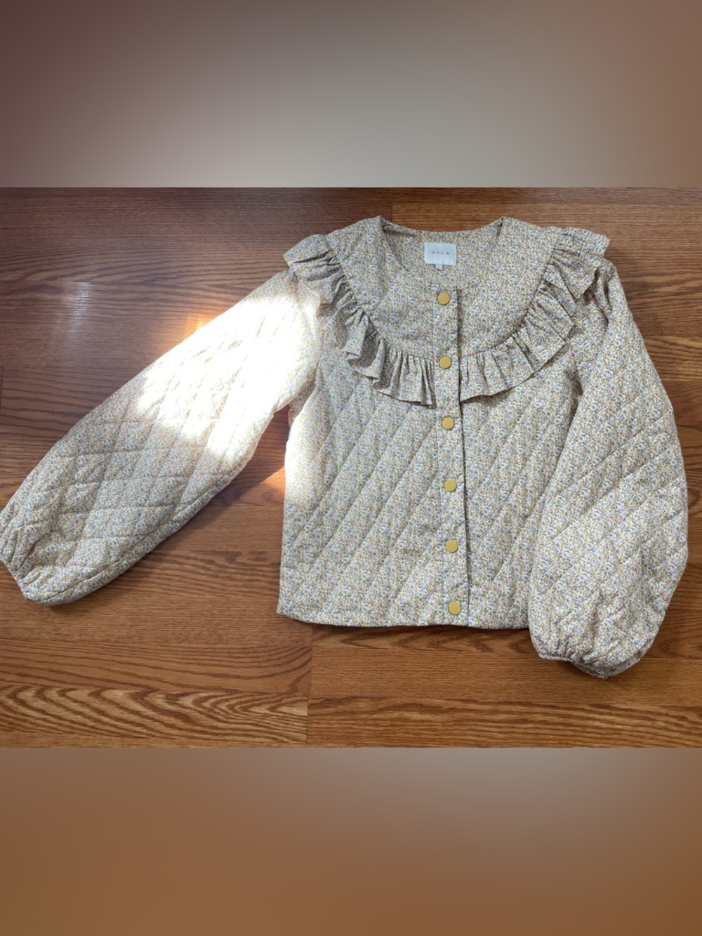 VILA Floral Quilted Jacket Ruffle Collar Snap Button NWOT Cottagecore